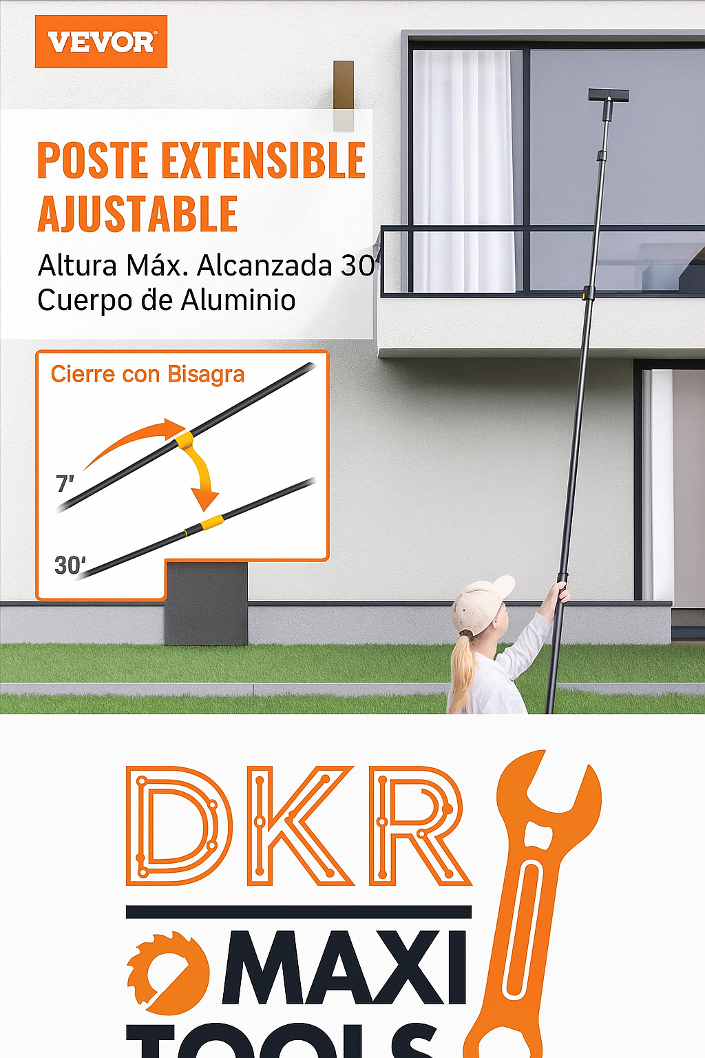 Poste Telescópico de Aluminio 7-30 ft DKR Maxitools – Extensible para Pintura, Limpieza y Mantenimiento