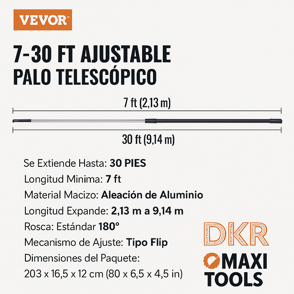 Poste Telescópico de Aluminio 7-30 ft DKR Maxitools – Extensible para Pintura, Limpieza y Mantenimiento